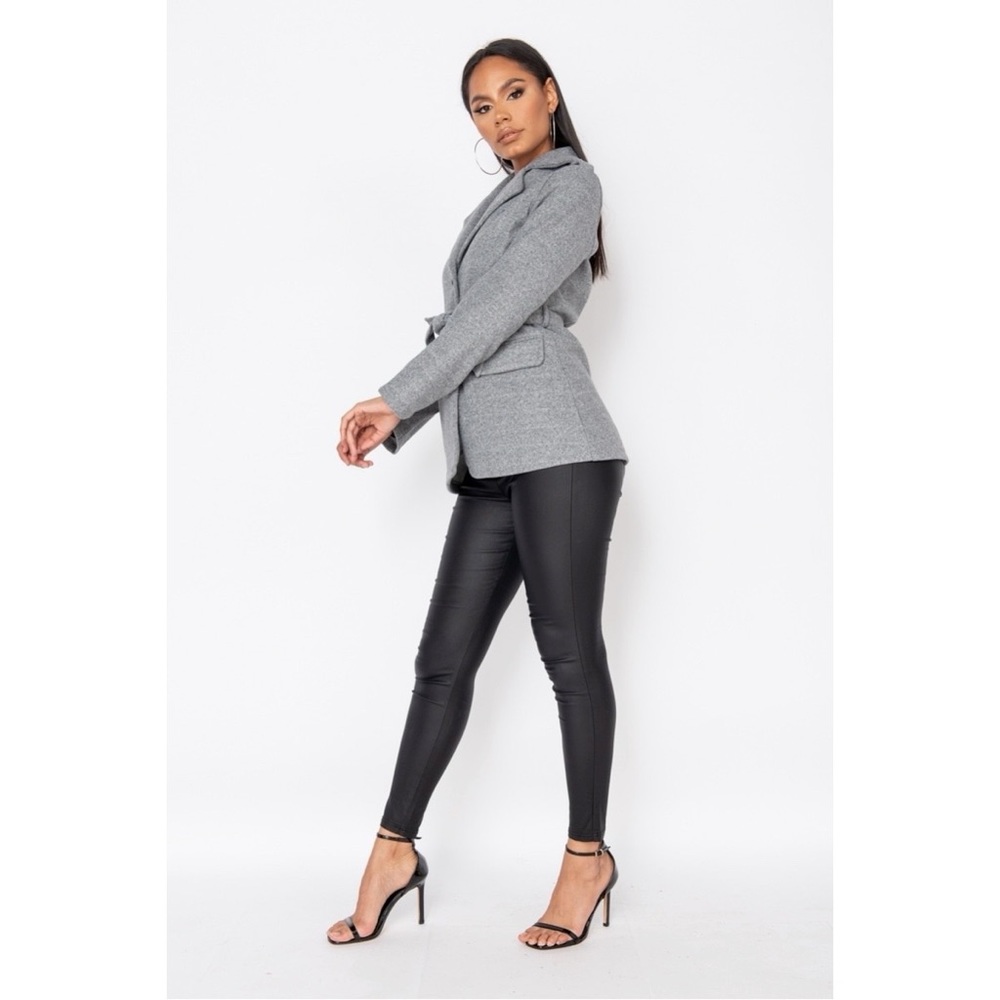 Gray Wool Blend Long Sleeve Belted Jacket - Picture 4 of 10